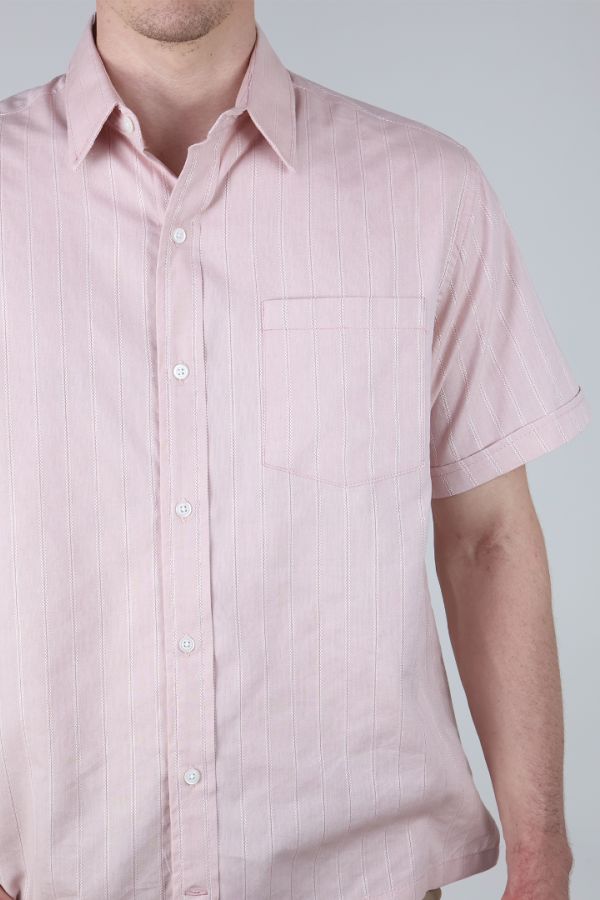 Camisa Hombre Manga Corta Palo de Rosa Rayas Verticales Casual Con Bolsillo